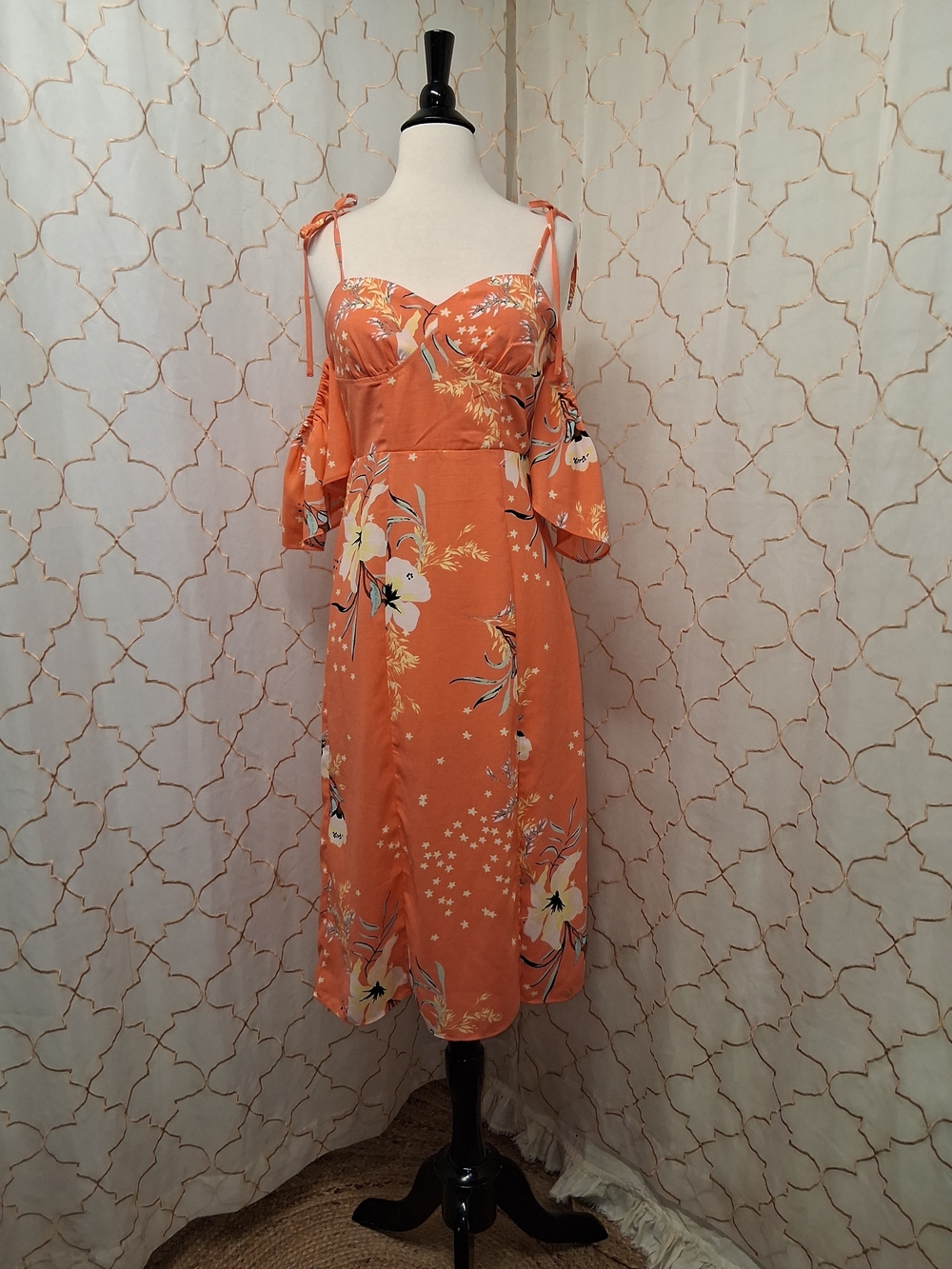 Urban Outfitters Orange Floral Cold-Shoulder Midi Dress